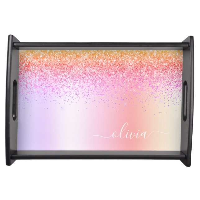 Rainbow Pastel Girly Glitter Metal Monogram Name Serving Tray (Front)