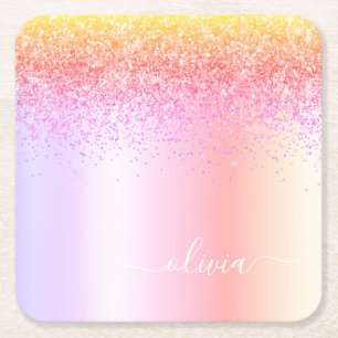 Rainbow Pastel Girly Glitter Metal Monogram Name Square Paper Coaster