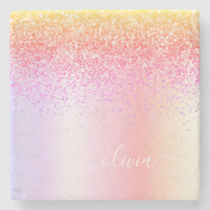 Rainbow Pastel Girly Glitter Metal Monogram Name Stone Coaster