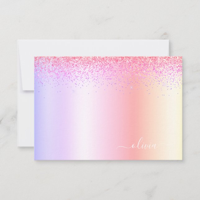 Rainbow Pastel Girly Glitter Metal Monogram Name Thank You Card (Front)