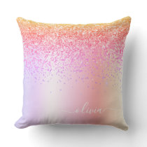 Rainbow Pastel Girly Glitter Metal Monogram Name Throw Pillow