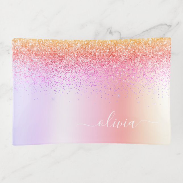 Rainbow Pastel Girly Glitter Metal Monogram Name Trinket Tray (Front)