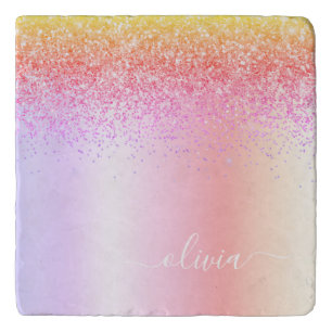 Rainbow Pastel Girly Glitter Metal Monogram Name Trivet