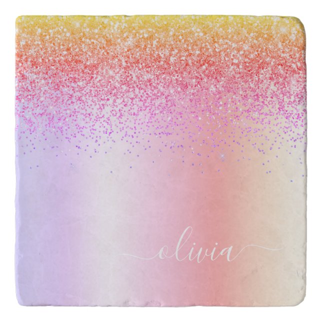 Rainbow Pastel Girly Glitter Metal Monogram Name Trivet (Front)