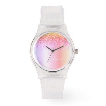 Rainbow Pastel Girly Glitter Metal Monogram Name Watch by Hot_Foil_Creations at Zazzle