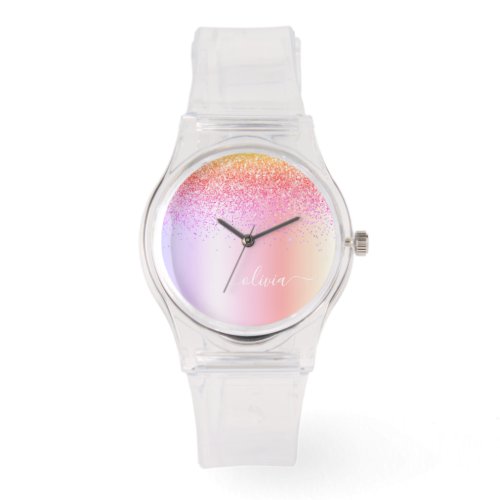 Rainbow Pastel Girly Glitter Metal Monogram Name Watch