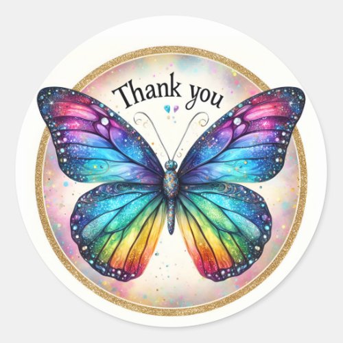 Rainbow Pastel Glitter Butterfly _ Thank you _ Classic Round Sticker