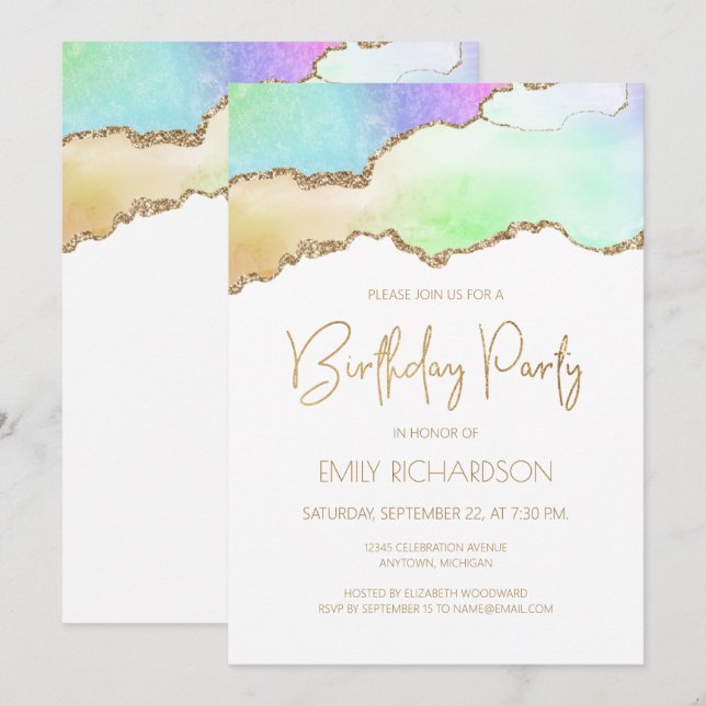 Rainbow Pastel Gold Agate Geode Any Year Birthday Invitation (Front/Back)