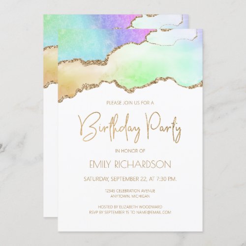 Rainbow Pastel Gold Agate Geode Any Year Birthday Invitation