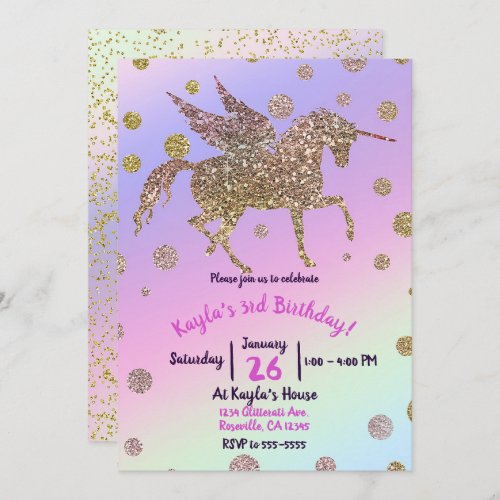 Rainbow Pastel Gold Dots Unicorn Birthday Party Invitation