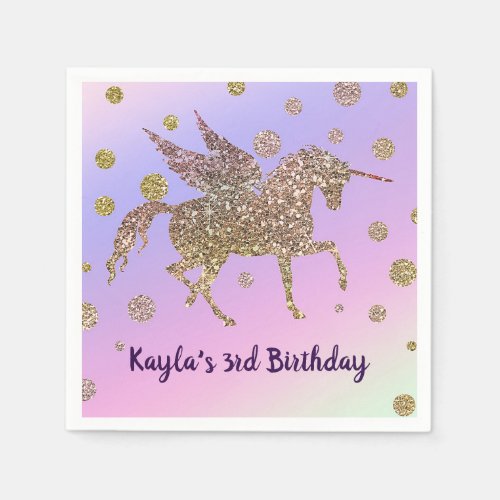 Rainbow Pastel Gold Dots Unicorn Birthday Party Napkins