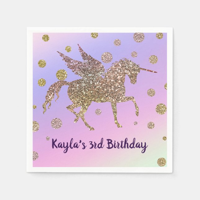 Rainbow Pastel Gold Dots Unicorn Birthday Party Napkins (Front)