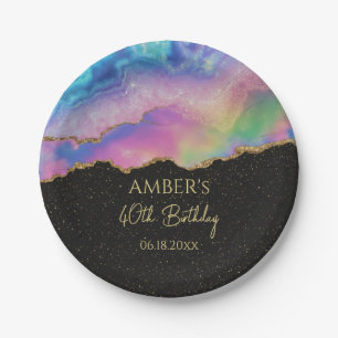 Rainbow Pastel Gold Glitter Abstract Watercolor Paper Plates