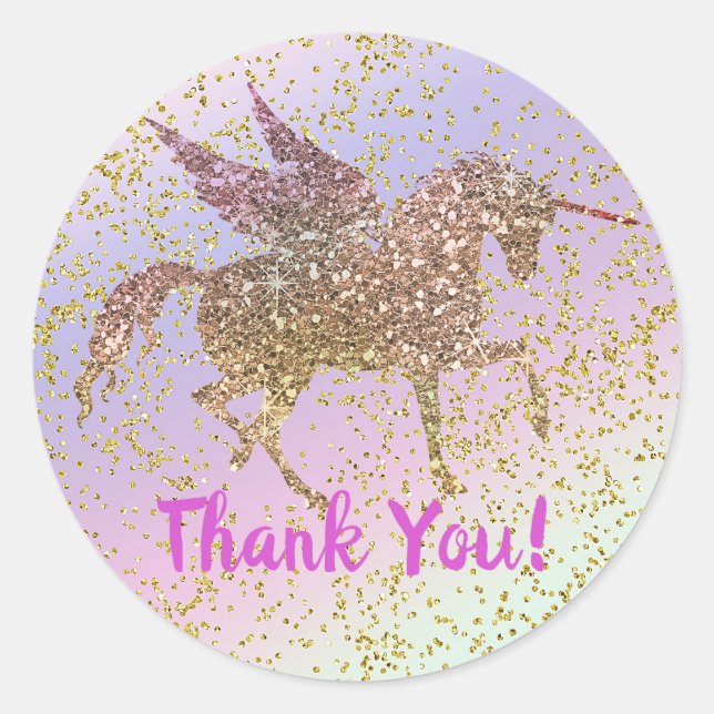 Rainbow Pastel Gold Glitter Fantasy Birthday Party Classic Round Sticker (Front)