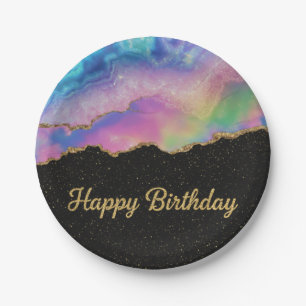 Rainbow Pastel Gold Glitter Happy Birthday Paper Plates