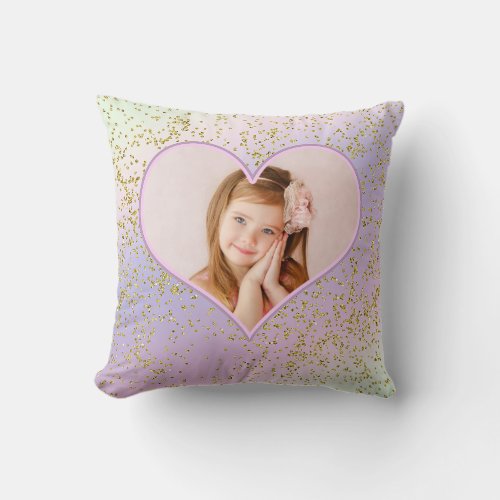 Rainbow Pastel Gold Glitter Heart Photo Picture Throw Pillow