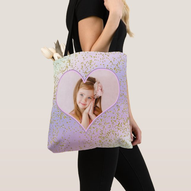 Rainbow Pastel Gold Glitter Heart Photo Picture Tote Bag (Close Up)