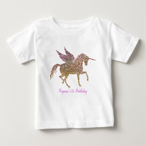 Rainbow Pastel Gold Glitter Unicorn 1st Birthday Baby T_Shirt