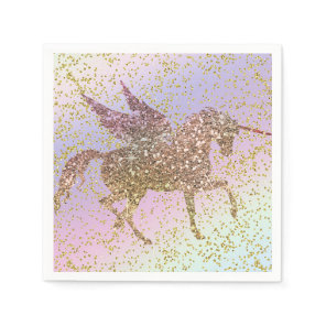 Rainbow Pastel Gold Glitter Unicorn Birthday Party Napkins