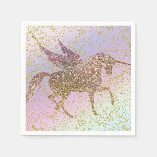 Rainbow Pastel Gold Glitter Unicorn Birthday Party Napkins