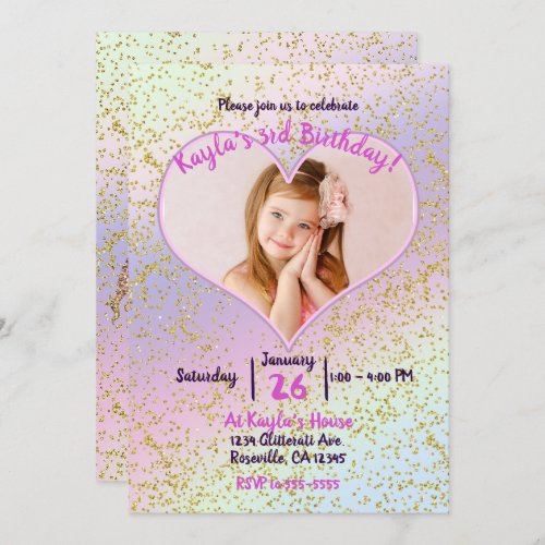 Rainbow Pastel Gold Glitter Unicorn Photo Party Invitation