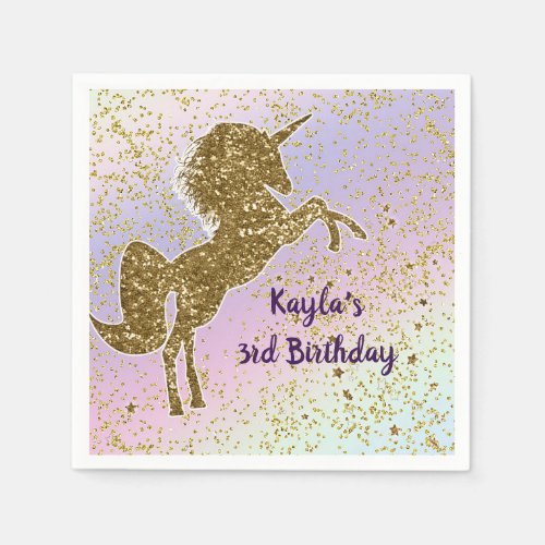 Rainbow Pastel Gold Glitter Unicorn Stars Party Paper Napkins