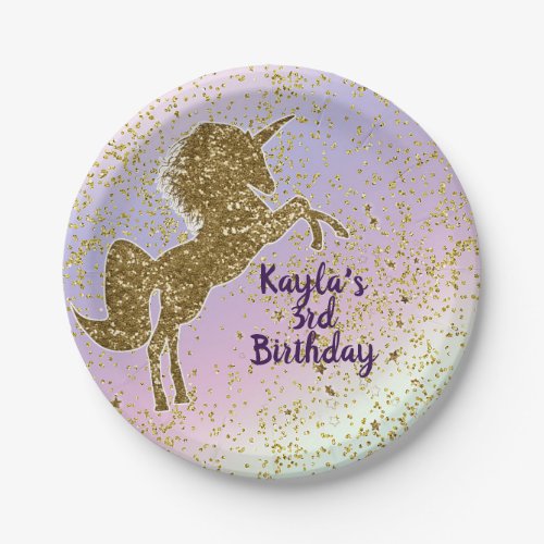 Rainbow Pastel Gold Glitter Unicorn Stars Party Paper Plates