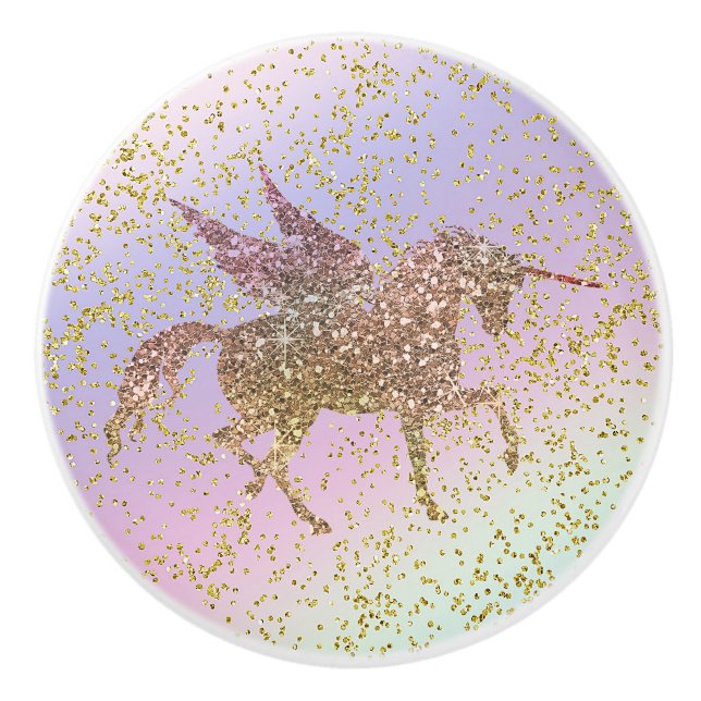 Rainbow Pastel Gold Glitter Unicorn Trendy Girls Ceramic Knob (Front)