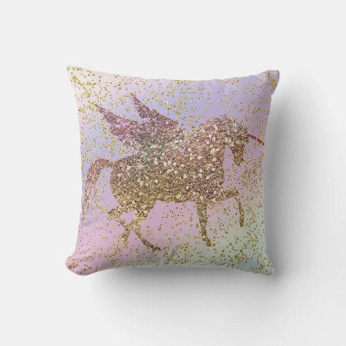 Rainbow Pastel Gold Glitter Unicorn Trendy Girls Throw Pillow
