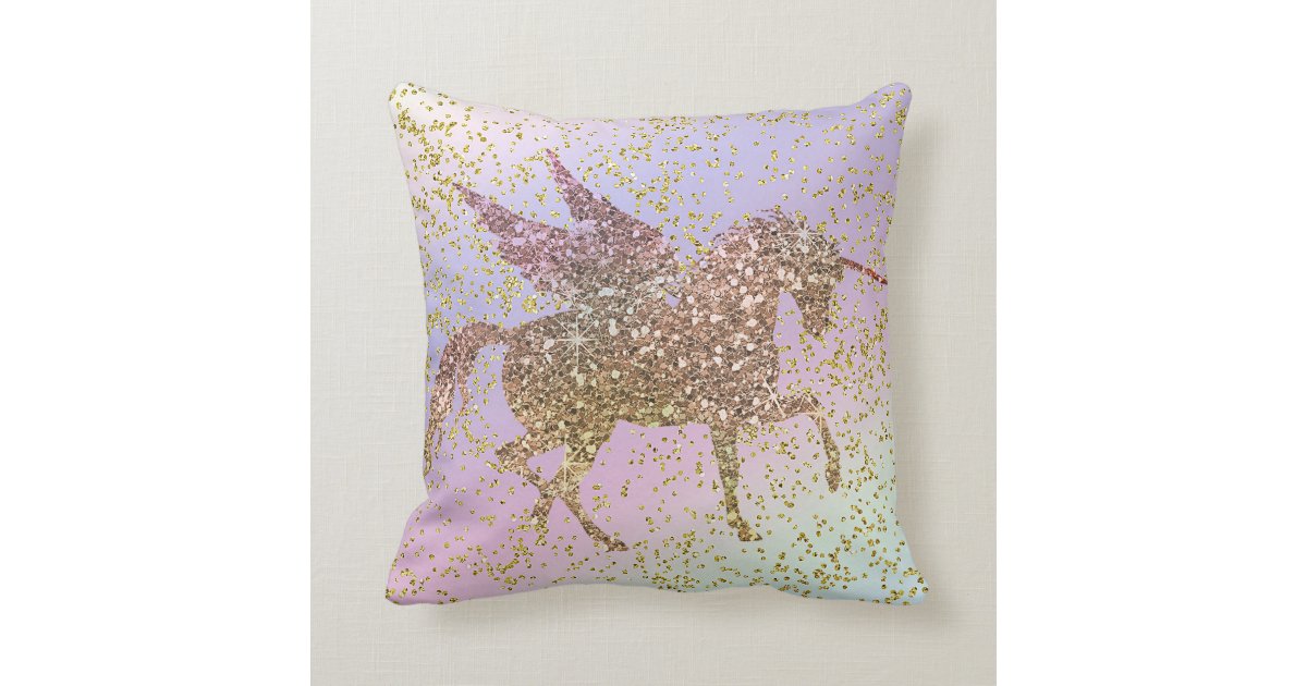 Rainbow Pastel Gold Glitter Unicorn Trendy Girls Throw Pillow