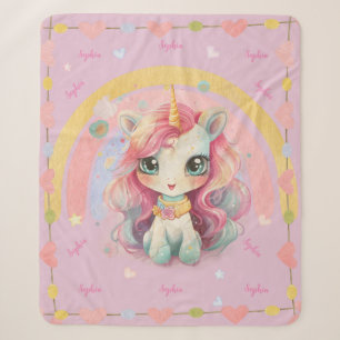 Rainbow Pastel Lilac Kawaii Unicorn With Name Sherpa Blanket