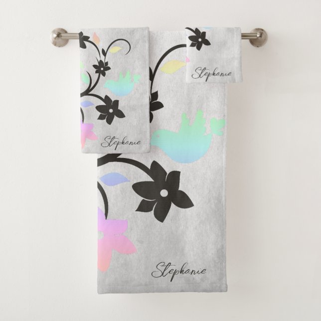 Rainbow Pastel Lovebirds Bath Towel Set (Insitu)