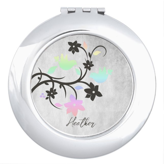 Rainbow Pastel Lovebirds Personalized Compact Mirror (Front)