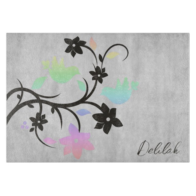 Rainbow Pastel Lovebirds Personalized Cutting Board (Front)