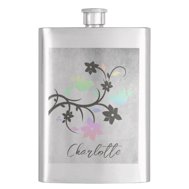 Rainbow Pastel Lovebirds Personalized Flask (Front)