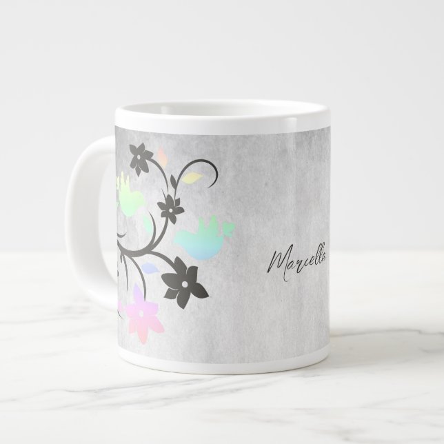 Rainbow Pastel Lovebirds Personalized Giant Coffee Mug (Front Left)