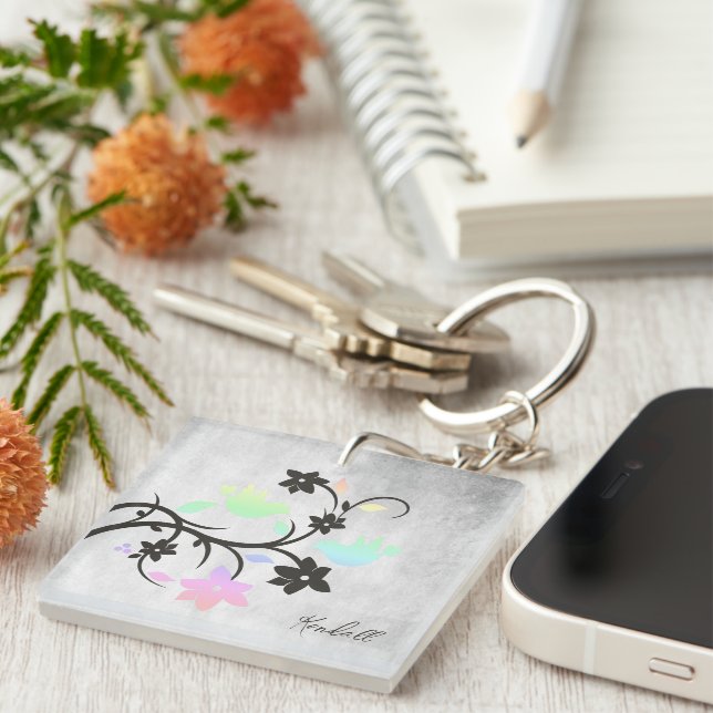 Rainbow Pastel Lovebirds Personalized Keychain (Front Right)