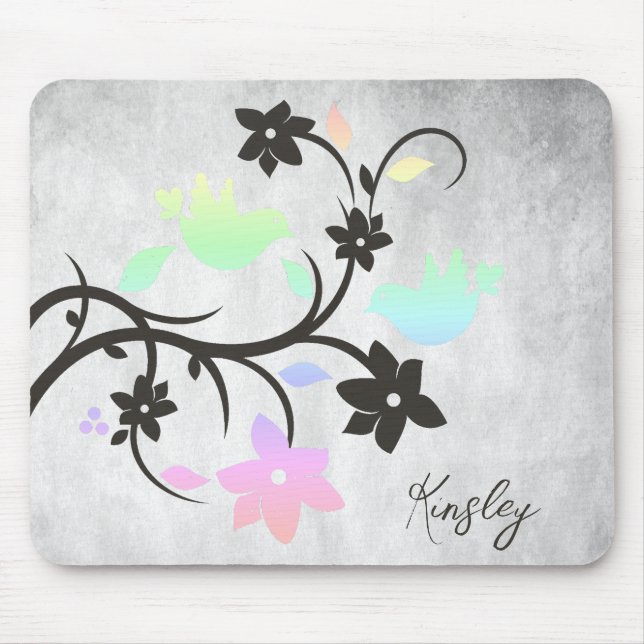 Rainbow Pastel Lovebirds Personalized Mouse Pad (Front)