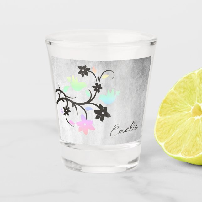 Rainbow Pastel Lovebirds Personalized Shot Glass (Front)