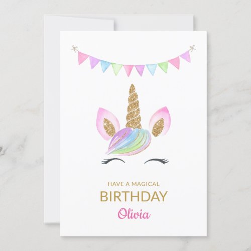Rainbow Pastel Magical Unicorn Face Birthday Card