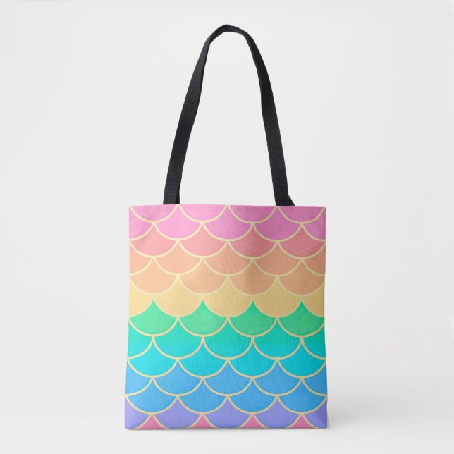 Rainbow Pastel Mermaid Scales Seamless Pattern Tote Bag (Front)