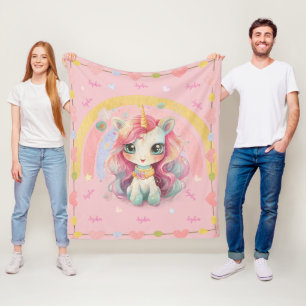 Rainbow Pastel Rose Kawaii Unicorn With Name Fleece Blanket
