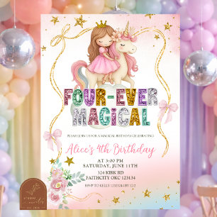 Rainbow Pastel Sequins Girl and Unicorn Birthday Invitation