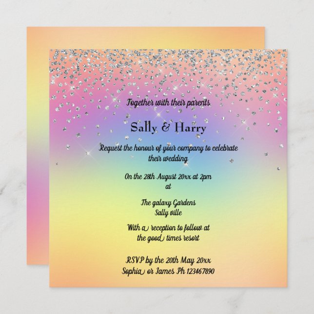 Rainbow Pastel Sparkle Diamond Wedding Invitation (Front/Back)