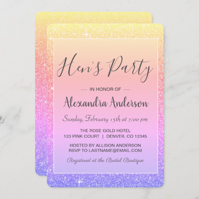 Rainbow Pastel Sparkle Glitter Hen's Party Invitation (Front/Back)