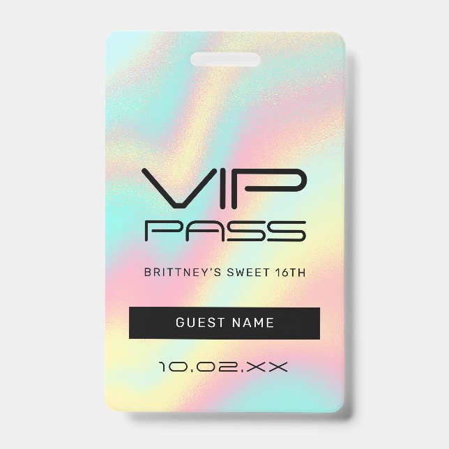 Rainbow Pastel Sweet 16th VIP Pass Lanyard Badge (Front)