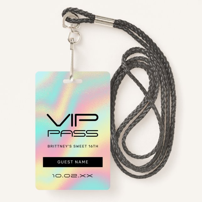 Rainbow Pastel Sweet 16th VIP Pass Lanyard Badge (Front with Lanyard)