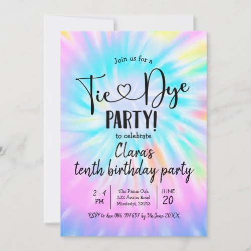 Rainbow Pastel Tie Dye Party Birthday Invitation