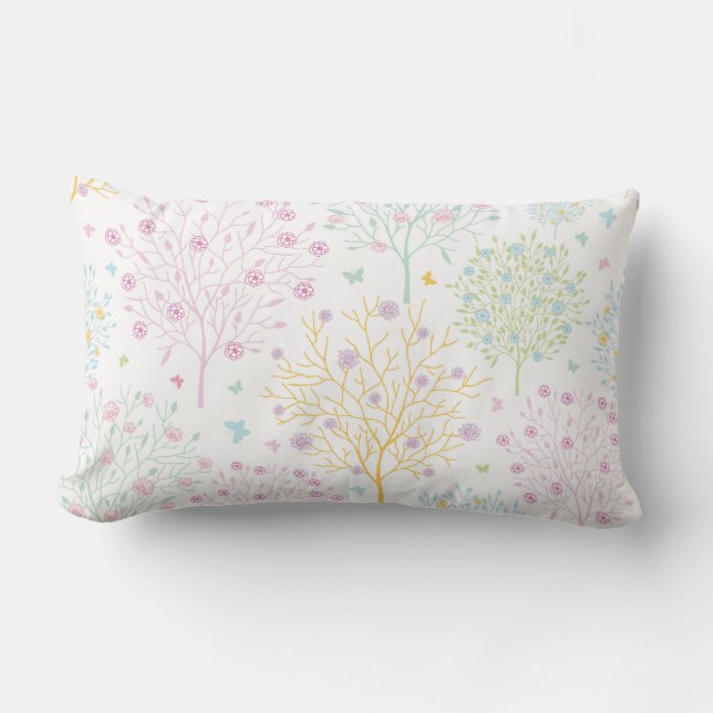 Rainbow Pastel Trees Hand Drawn Doodle Print Lumbar Pillow (Front)
