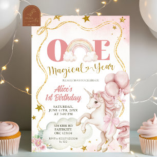 Rainbow Pastel Unicorn One Magical Year Birthday Invitation